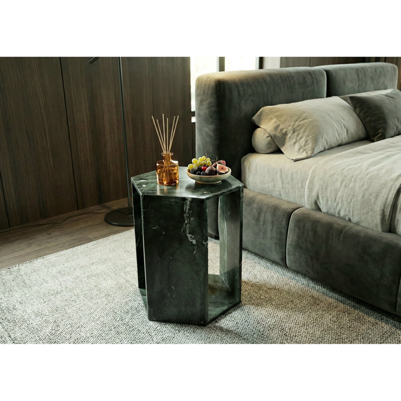 Table basse en marbre naturel, prisme hexagonal, finition polie brillante pour un style sophistiqué, 40 cm x 32 cm, luxueuse