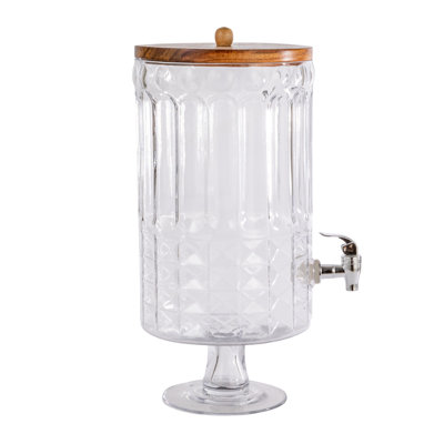 Distributeur de boissons en verre taillé avec bec en plastique et couvercle en bois d'acacia