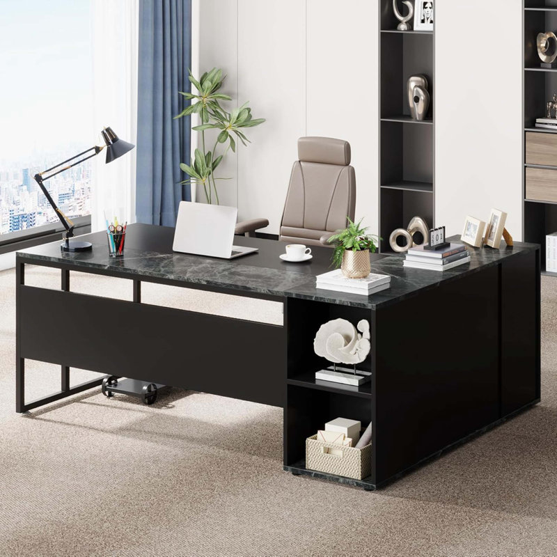 Bureau de direction en L 71 po avec armoire de rangement et tablettes, grand bureau d'ordinateur industriel à domicile, poste de travail professionnel avec meuble pour imprimante et support pour unité centrale