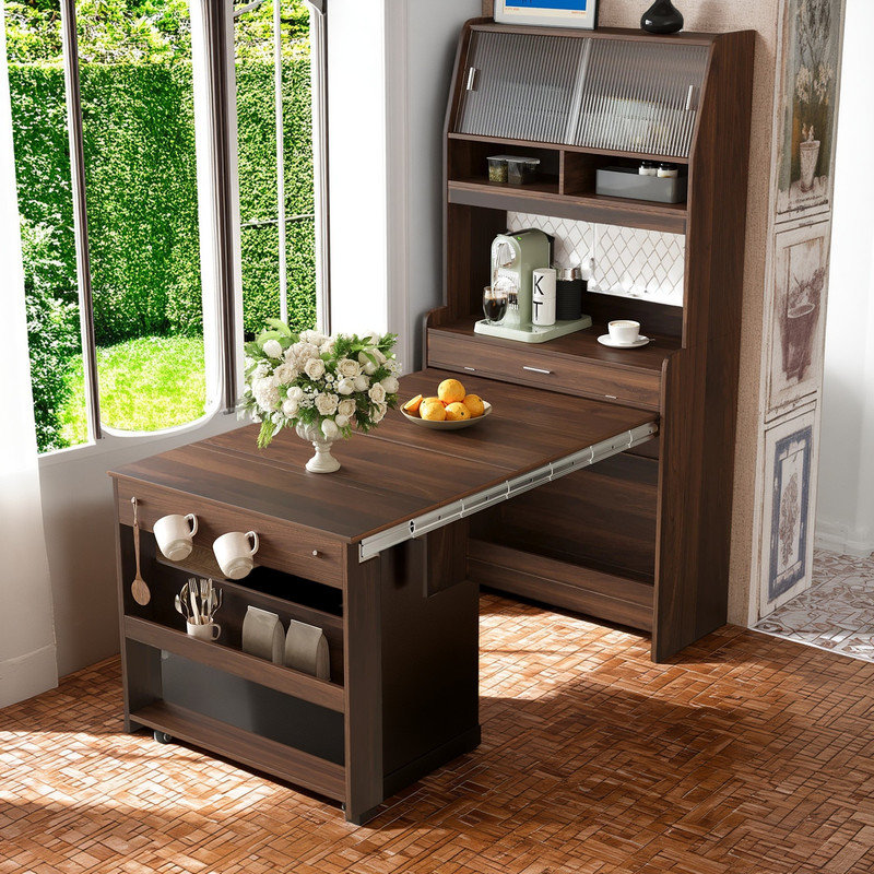 Kitchen Pantry Cabinet with Extendable Table, Walnut