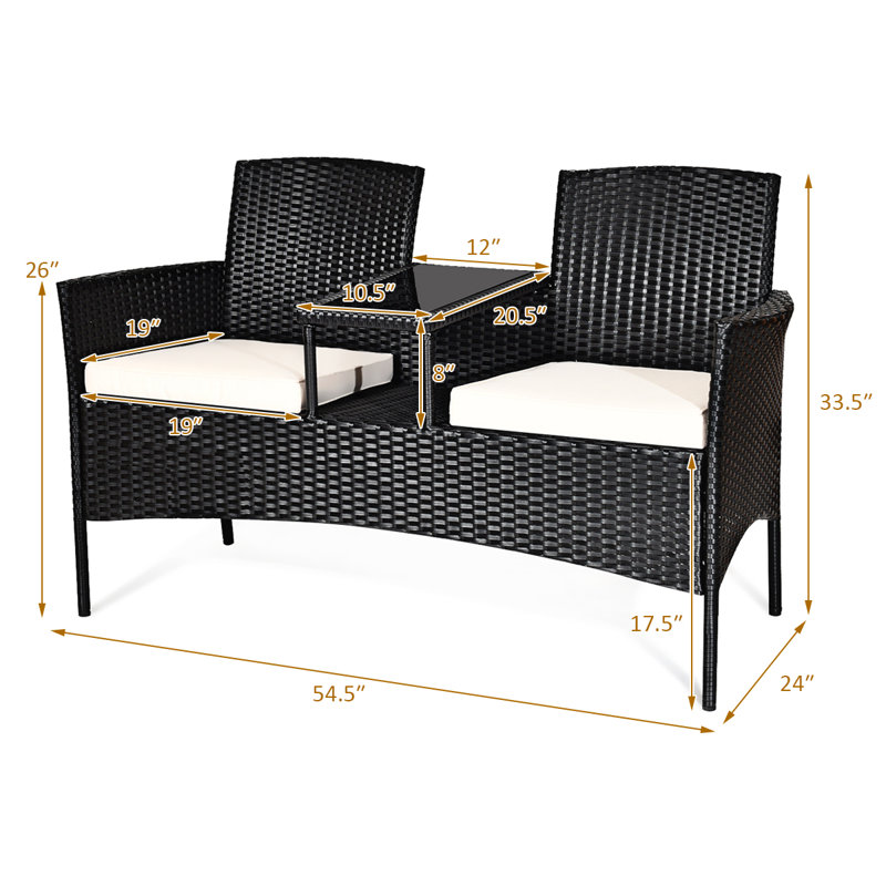 Ensemble de conversation d'extérieur en rotin de 54,5 po de large avec table, Blanc