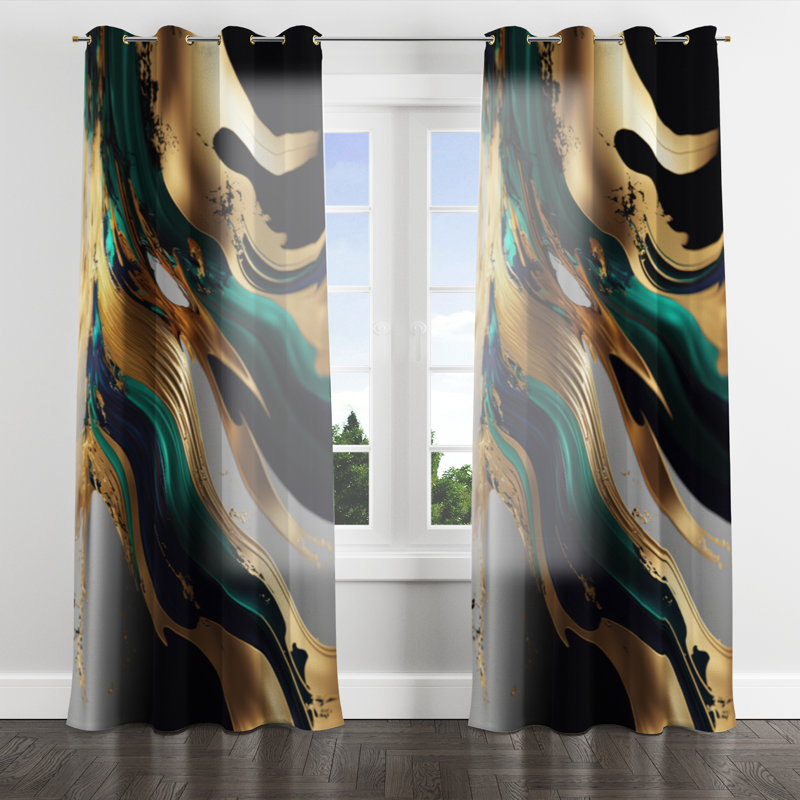 Aurionna - Abstract Transitional Grommet Curtain - Velvet Room Darkening - 1 panel, 52" W x 63" L, Golden Grommets