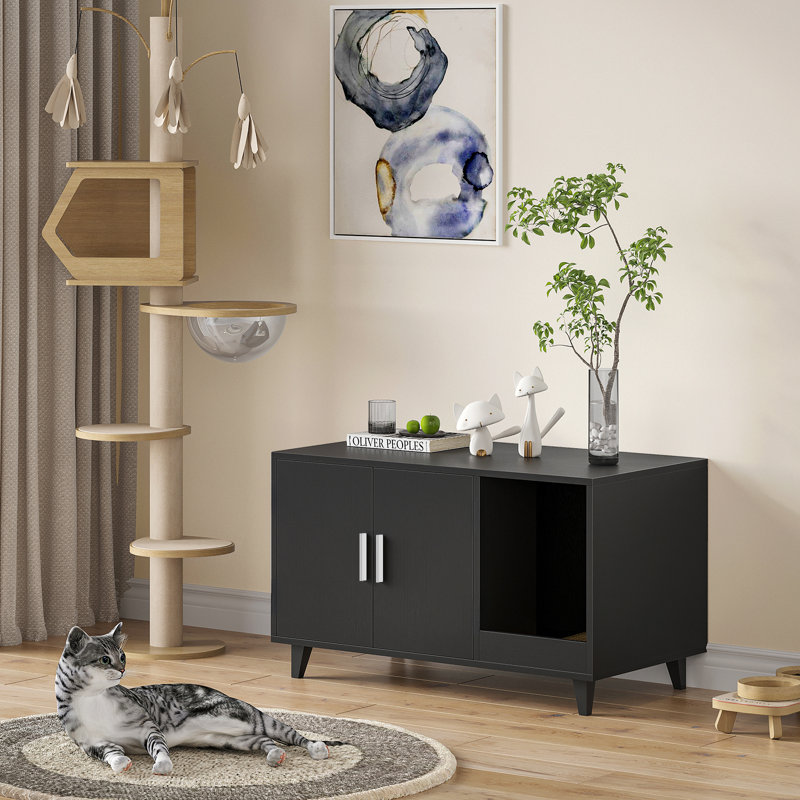 Meuble de rangement pour litière avec chat, Noir