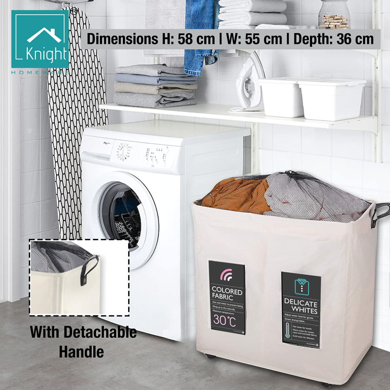 Fabric Rolling Laundry Basket with Handles, Ivory
