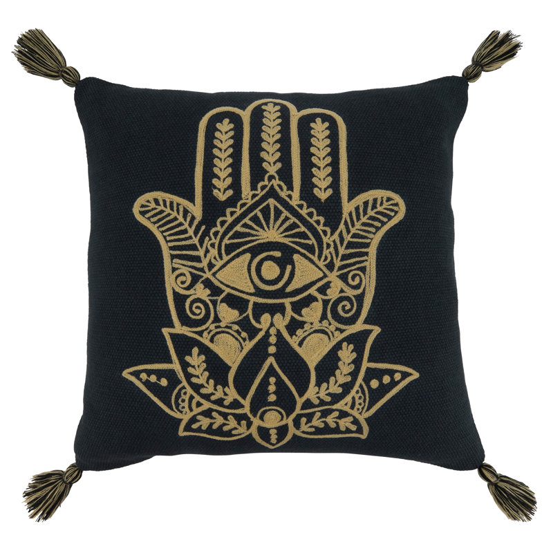 Black Cotton Hamsa Hand Embroidered Square Pillow with Tassels
