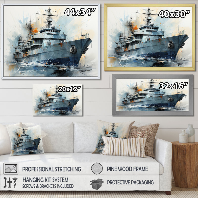 Marine armée, bateau, frégate II - Art mural militaire, Cadre flottant doré, H 24 po x l 32 po x P 1 po