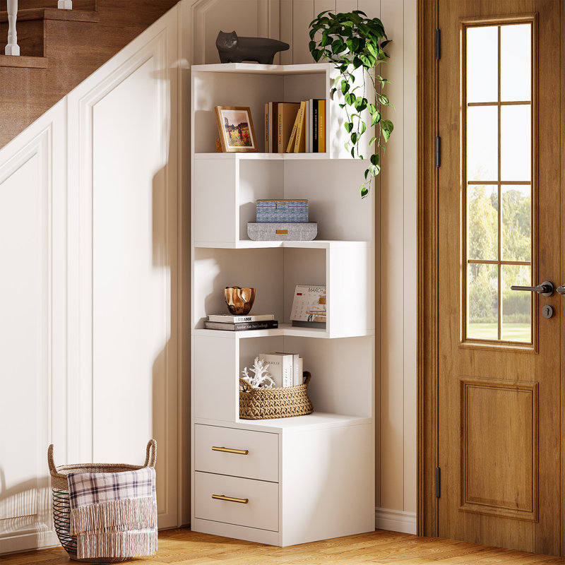 66.9" H Corner Bookcase With 5-Tier Shelf And 2 Drawers, L-Shaped Corner Storage Shelf Bookshelf, White