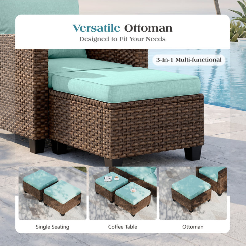 Outdoor Wicker Patio Conversation Set With Swivel Chairs, 7 Pcs: Sofa, 4 Chairs, 2 Ottomans, Blue