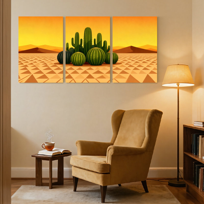 Cactus, paysage désertique avec cactus et montagnes, ensemble de 3 impressions sur toile, H 30 po x l 60 po