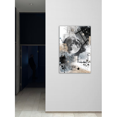 Art mural en verre trempé céleste céleste - collage abstrait ciel étoilé, grand imprimé monochrome moderne, cadeau de décoration rétro éclaboussures d'encre