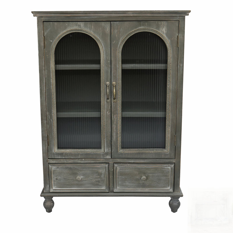 Vintage Farmhouse Storage Cabinet with 2 Glass Doors & 2 Drawers, Distressed Wood for Rustic and Modern Spaces