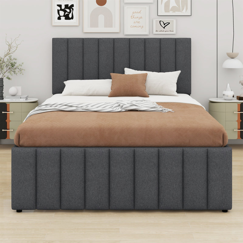 Lit plateforme tapissier avec lit gigogne et 3 tiroirs, Gris