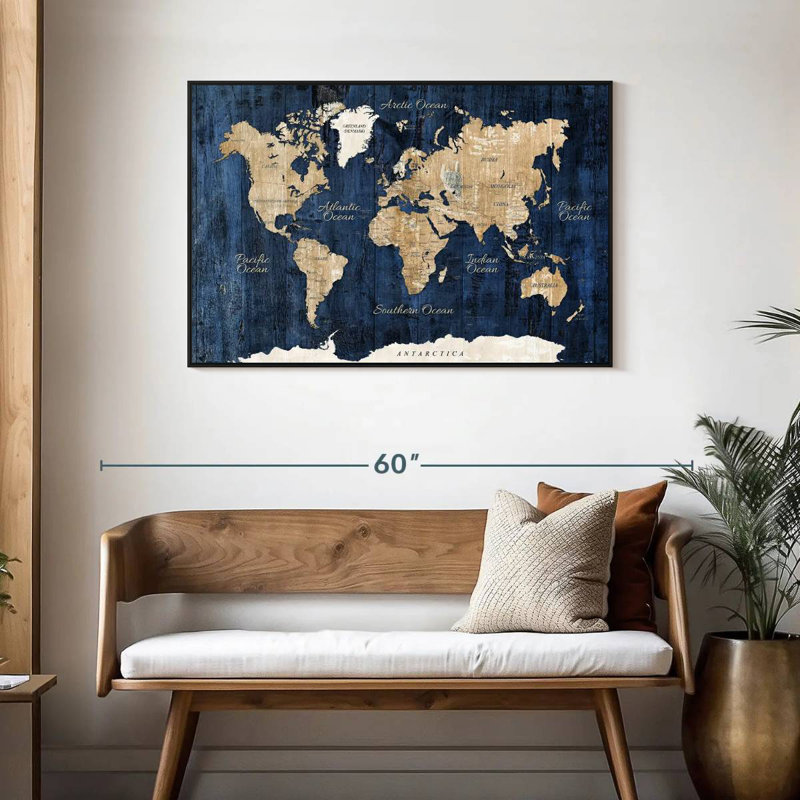Carte du monde en bois texturé, 25 po x 17 po, Cadre flottant noir