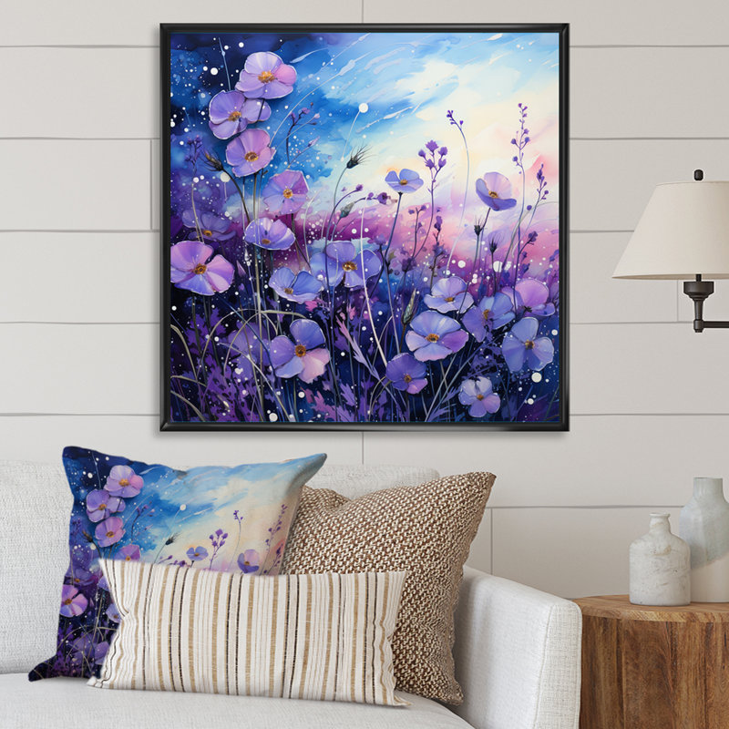 «Violets Field Pointillism Dot III», reproduction sur toile, H 16 po x l 16 po x P 1 po, Cadre simple blanc