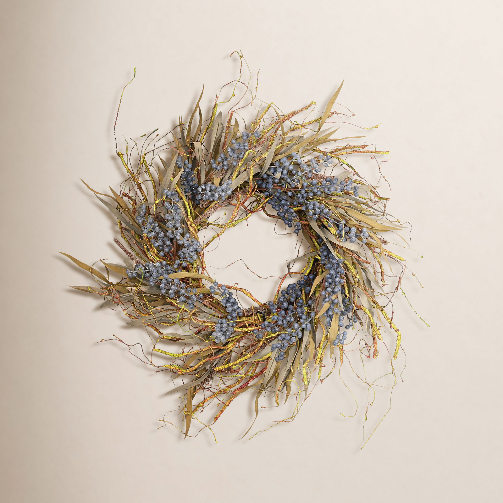 26" Artificial Farmhouse Thanksgiving Day Harvest Blossom Cluster Grass Berry Fall Wreath For Front Door, Blue