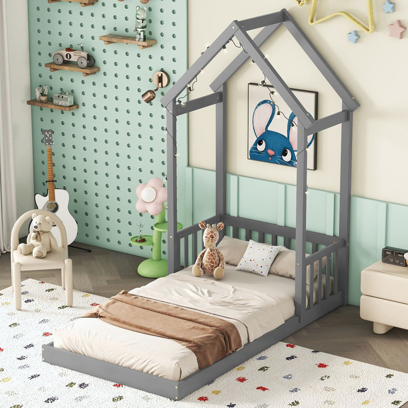 Coffy Platform Bed Frame with Headboard, Gray, Twin