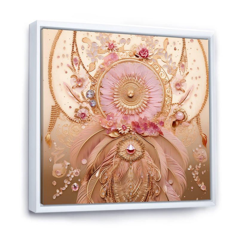 Impression sur toile Boho Glam Pink and Gold Dreamcatcher I, H 16 po x l 16 po, Cadre flottant blanc
