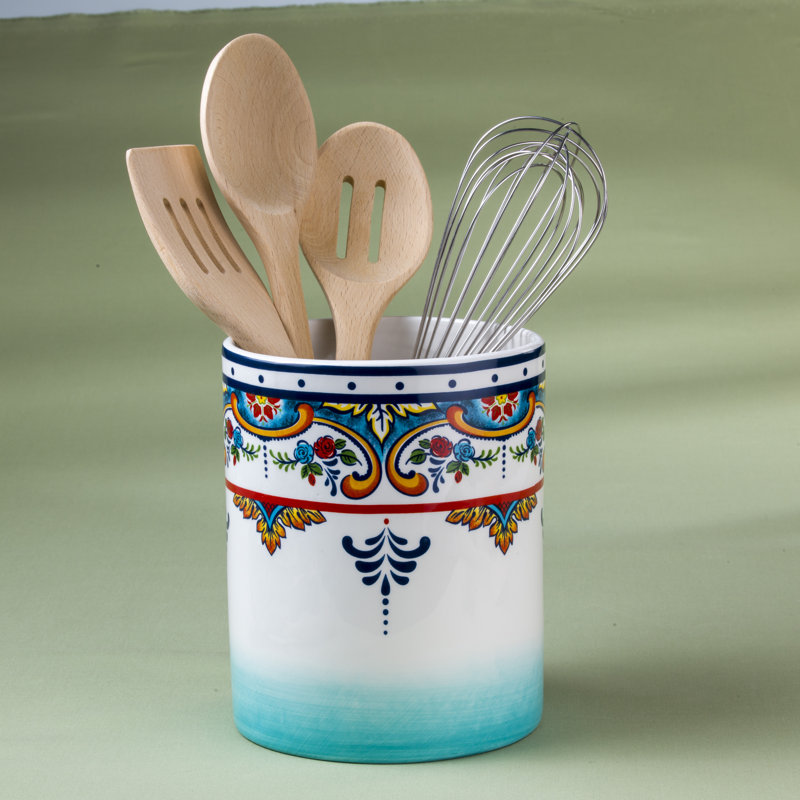 Colorful Ceramic Cylinder Utensil Crock with Artisan Design