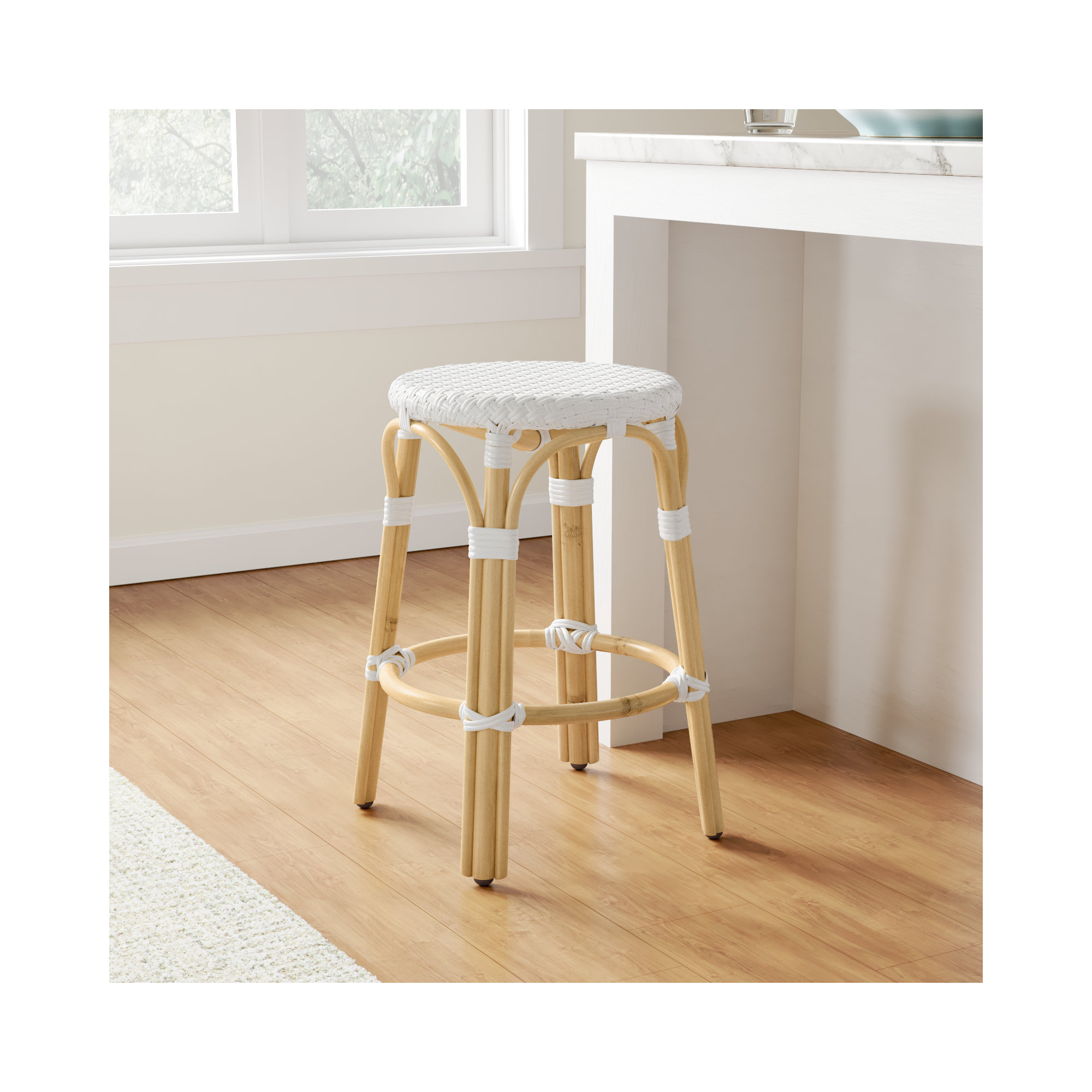 Alastair Bar & Counter Stool, Counter Stool (24" Seat Height), Glossy White/Natural Rattan Frame