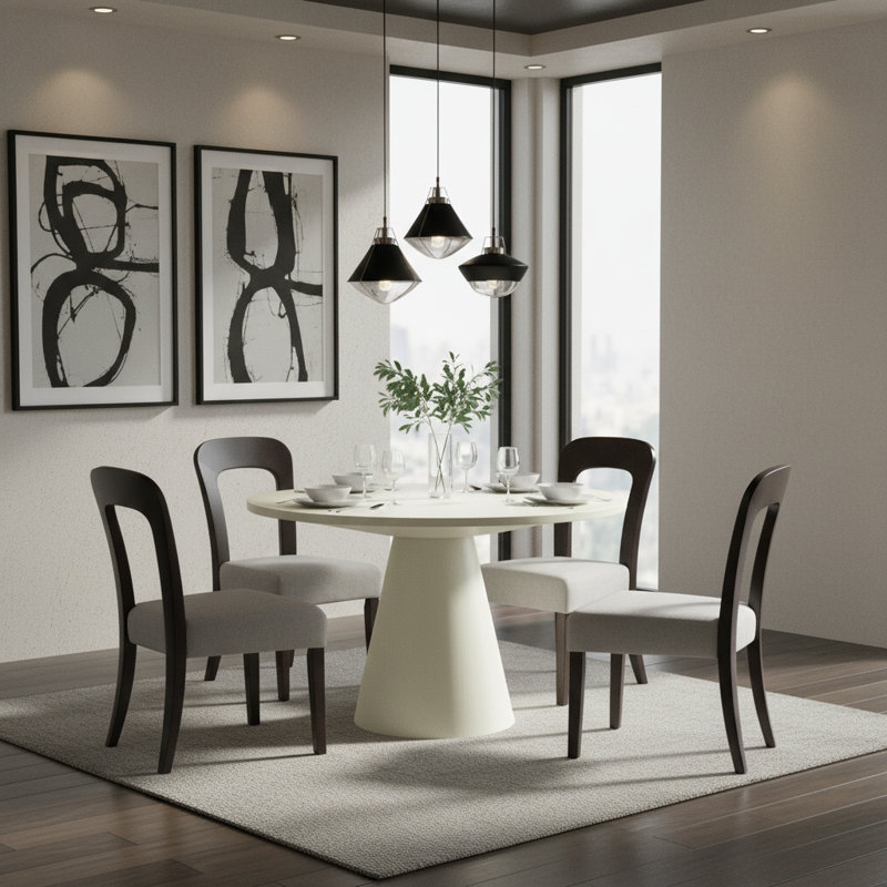 Ensemble de salle à manger rembourré Mid-Century, Blanc crémeux