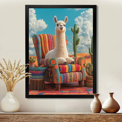 Alpaga dans le désert du Sahara sur une chaise colorée - décoration murale animal lama