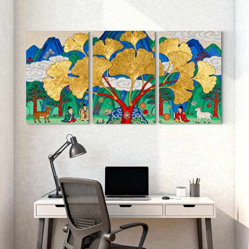 Tableau sur toile tendue représentant un ginkgo doré avec des personnages traditionnels et un paysage (lot de 3)