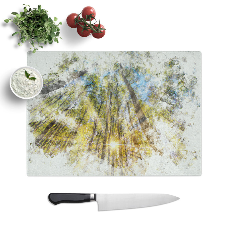 Tempered Glass Sunrays Through the Forest Chopping Board, 20 cm x 28.5 cm