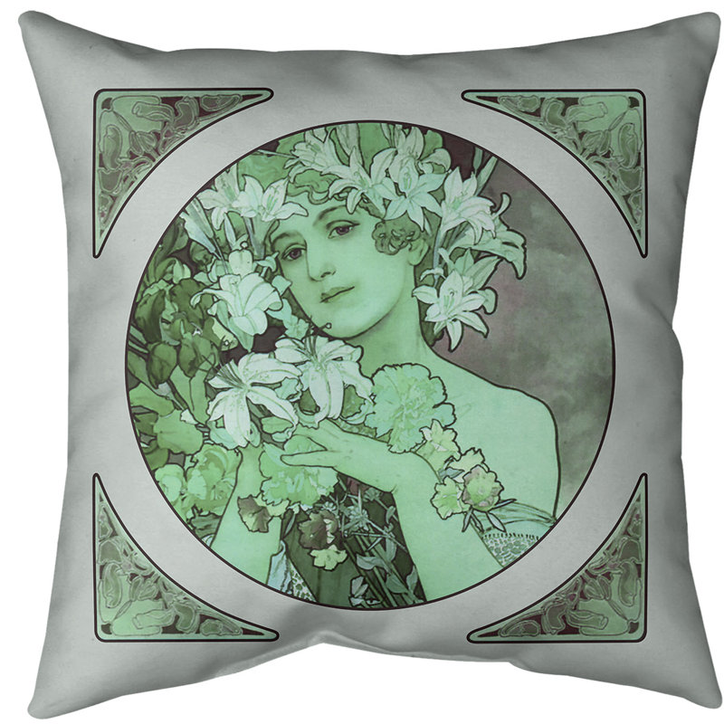Insert de coussin alphonse mucha couronne of fleurs, 14 po x 14 po, Bourre en polyester, Vert