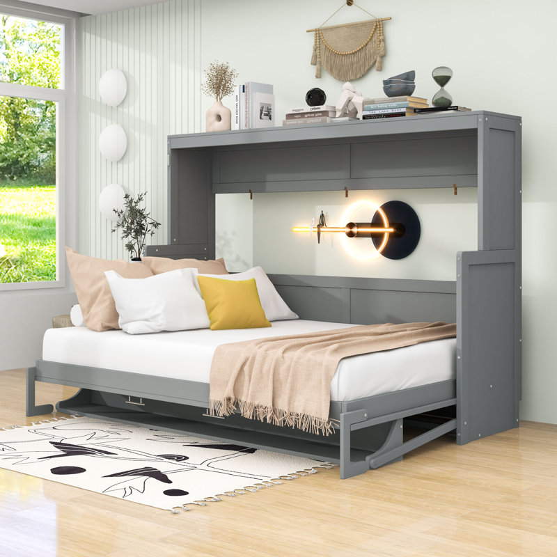 Wood Murphy Bed with Shelves, Gray, Full