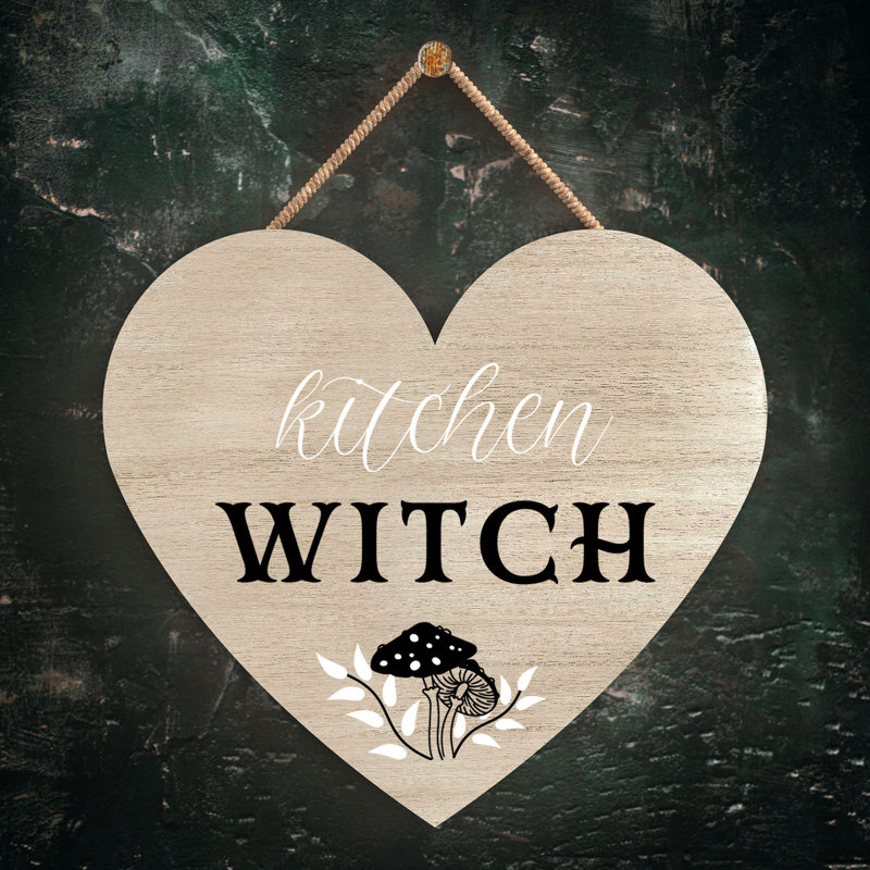 Kitchen Witch Mushrooms Wooden Heart Plaque, 10cm H x 9cm W x 0.5cm D, Brown