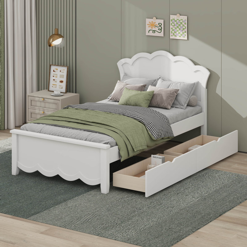 Lit plateforme en bois avec tête de lit en forme de fleur, Lit simple, Tiroirs