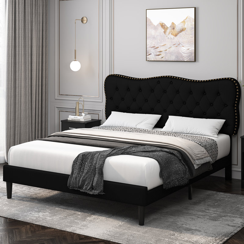 Lofgren Tufted Upholstered Platform Bed with Adjustable Headboard, Queen, Light Beige