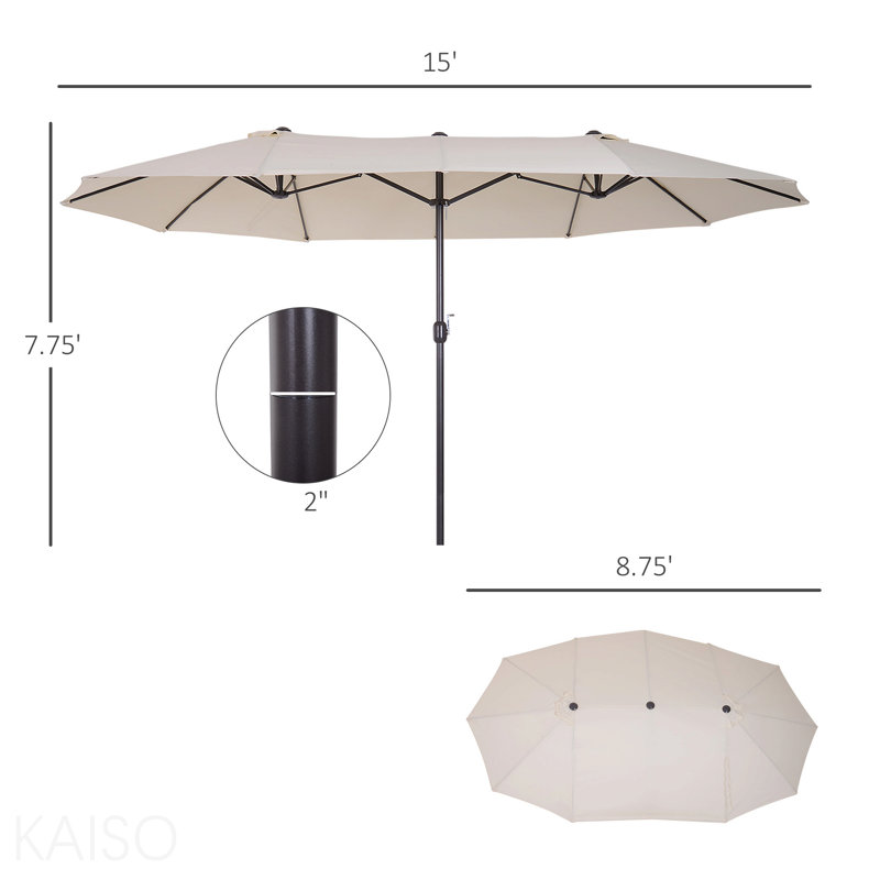 Très grand parasol de patio à double face de 15 pi avec poignée à manivelle et bouches d'aération pour la cour, la terrasse, la piscine, le marché et le vin rouge