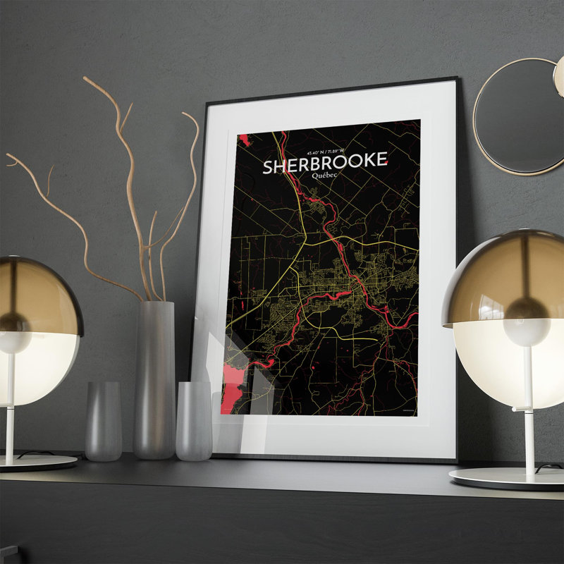 Sherbrooke, carte de la ville, impression, H 17 po x l 11 po, Noir / rouge / jaune