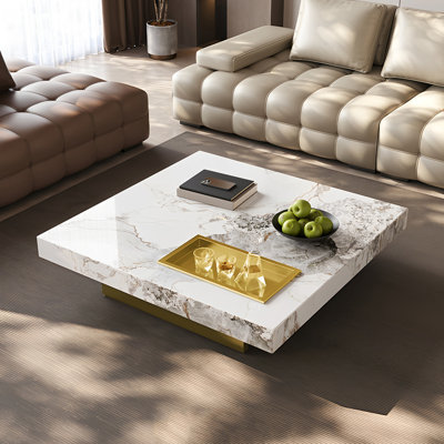 Oversized 47.24" Square Coffee Table, Modern Marble-Style Coffee Table with Built-in Tray, Low Profile Center Table for Living Room, White & Gold Accent Cocktail Table, Easy Assembly
