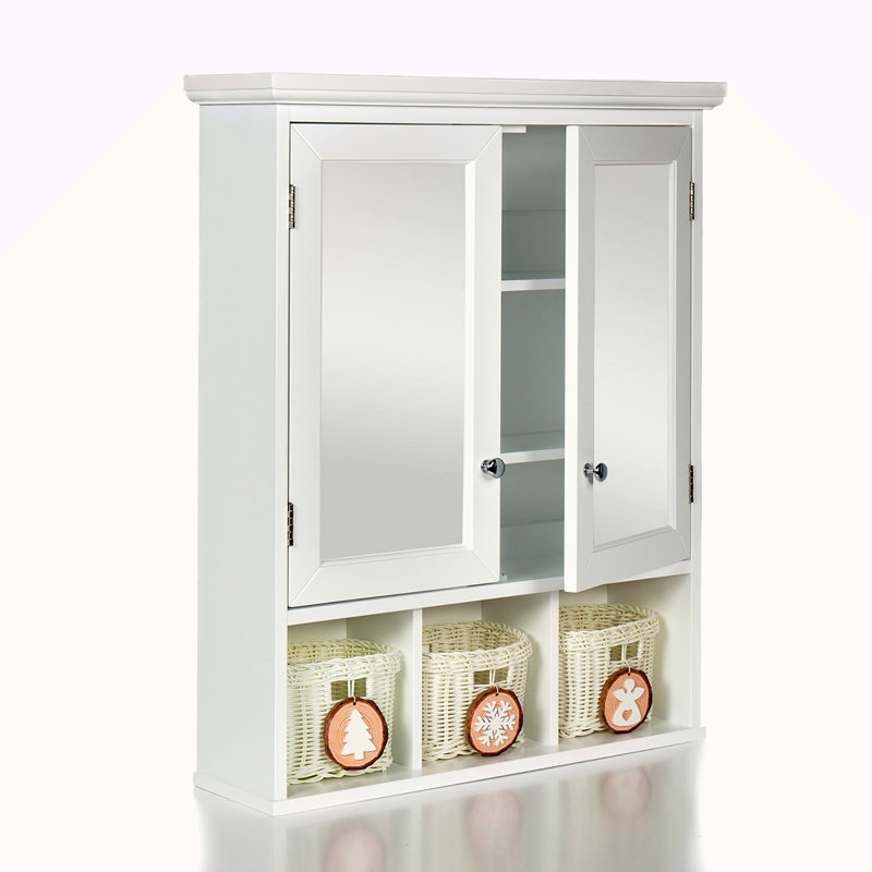Armoire de rangement pour salle de bain, armoires à pharmacie pour salle de bain avec miroir, 2 portes, 2 tablettes réglables + 3 paniers de rangement en bois de style mural pour salle de bain