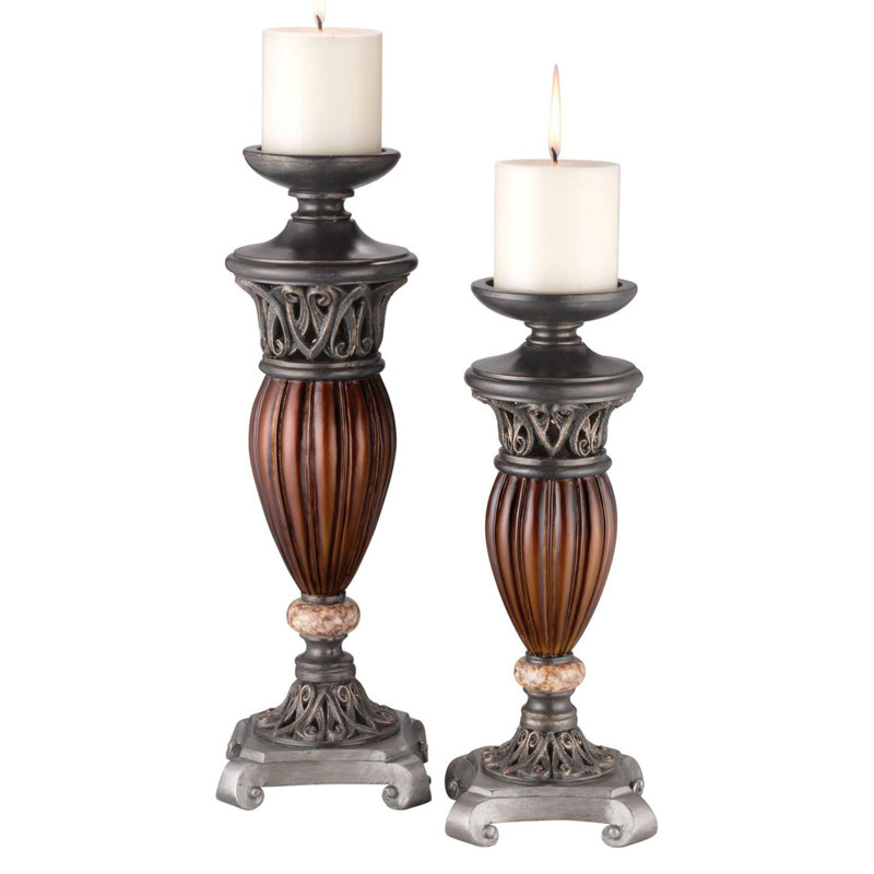 Ensemble de deux porte-bougies piliers de table bronze et brun
