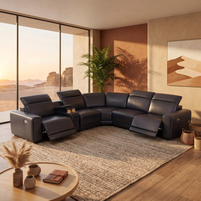 Modern Genuine Leather Power Reclining Sofa Set With Wide Seat-Brown