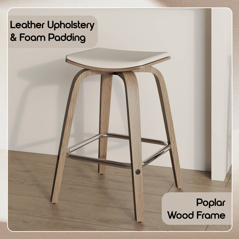 Hoxha Leather Square Counter Stool With Stained Poplar Wood Frame And 360-Degree Swivel Hoxha Collection