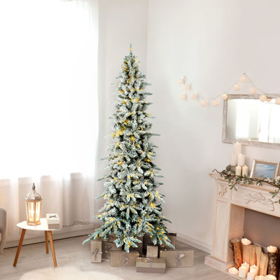Fraser Hill Farm Pre-Lit 7.5 ft. Slim Flocked Christmas Tree with Metal Base with Remote Control LED Lights