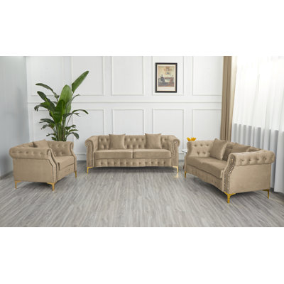 Velvet 3-Piece Chesterfield Living Room Set with Pillows, Roll Arms, and Gold Legs; Includes Sofa, Loveseat, and Armchair