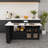 Retro Walnut Kitchen Island with Extendable Rotating Table 4 Drawers Glass Cabinets Built-in Socket-2032519504