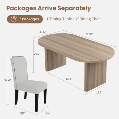 Ensemble de table à manger ovale de 63 pouces pour 4 personnes, comprenant une table de cuisine 3 pièces avec un piètement en bois épais et robuste et 2 chaises rembourrées à dossier haut avec des pieds en bois et des assises rembourrées.