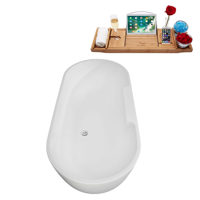 63" Streamline Soaking Freestanding Tub and Tray With Internal Drain, Polished Chrome