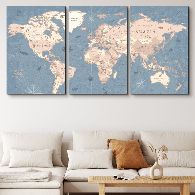 Carte du monde «Blue Global Antique Atlas, Toile tendue, H 36 po x l 72 po, Sans cadre