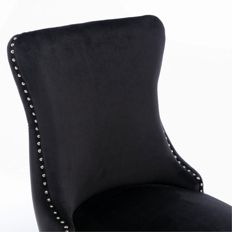 Chaise de salle à manger rembourrée à oreilles avec garniture cloutée et pieds, ensemble de 2, Noir, Noir