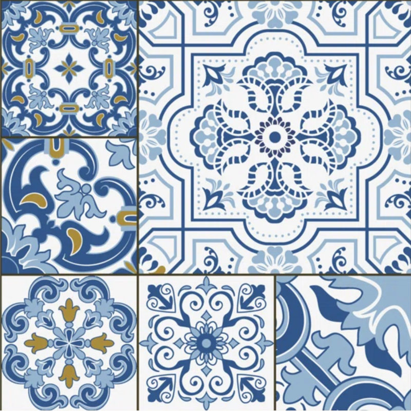 Sevilla Patchwork Vinyl Area Mat in Blue, Rectangle 5'6" x 8'