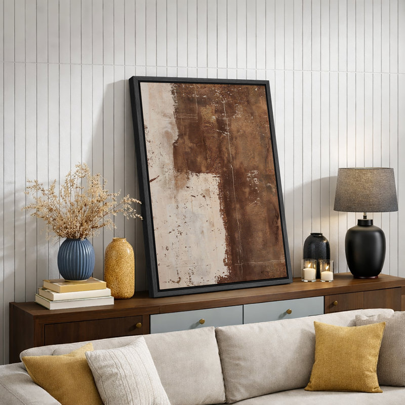 Style Mid-Century brun foncé, formes abstraites neutres, grand cadre rustique, décor minimaliste M20, H 36 po x l 24 po, Noir