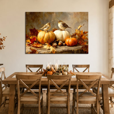 Art mural d'automne, art mural en toile de citrouille avec oiseaux, art mural d'automne, décoration murale d'automne pour le salon, couleur de récolte rustique, style maison de campagne, décoration de chambre confortable, 24 po x 36 po