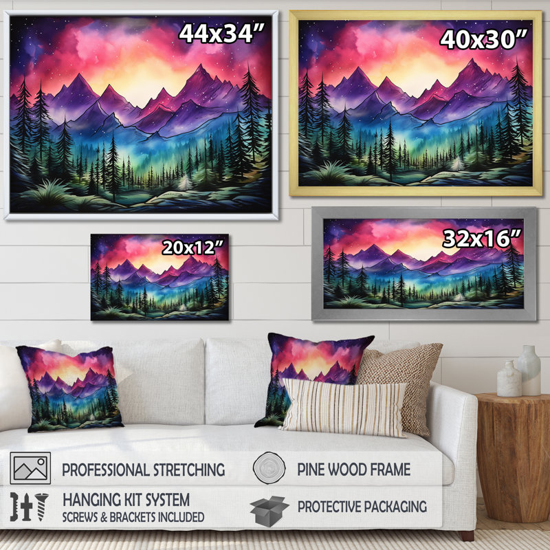 Rose, aurore boréale au Canada I - montagnes d'hiver, Toile tendue, H 30 po x l 40 po x P 1,5 po
